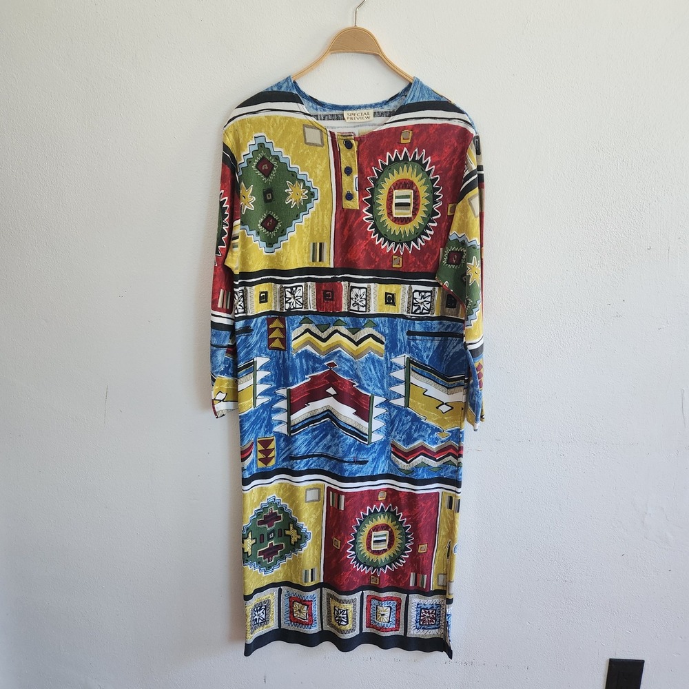 Vintage 80s Special Preview Maxi Shift Dress Medium Geometric Abstract Pattern